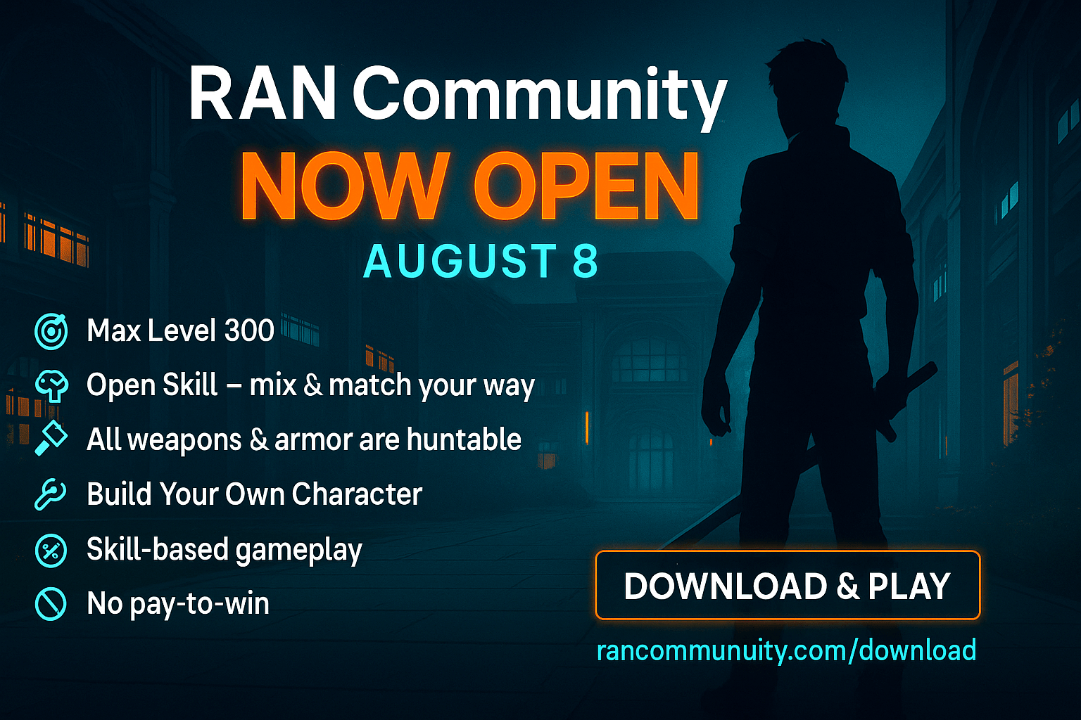 RAN Community is now open August 8 banner: Max Level 300, Open Skill, all gear huntable, and no pay-to-win, with a sword-wielding character