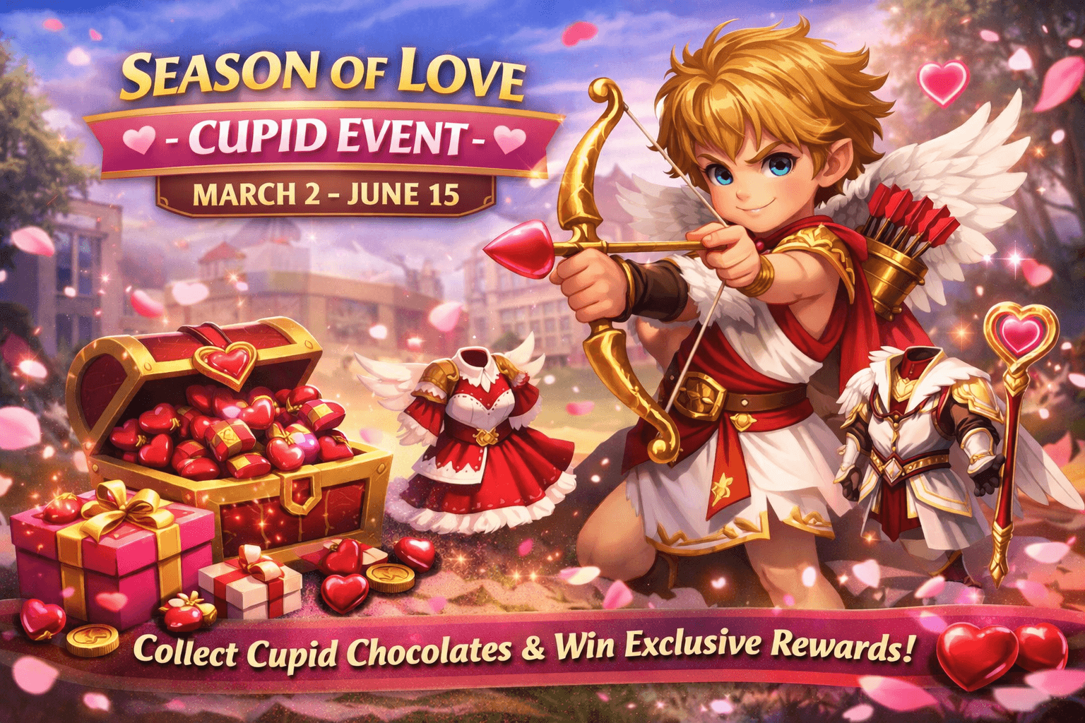 Season of Love Cupid Event banner, March 2 to June 15, with Cupid drawing a heart-tipped bow beside a chest of chocolates